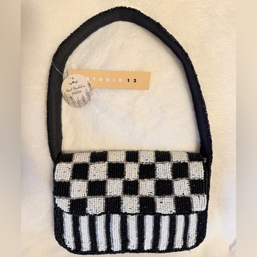 Studio 12 Black and White Checkered Beaded Women's Purse